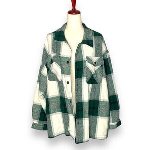 HFX Green & White Plaid Flannel Snap Closure Shacket Jacket